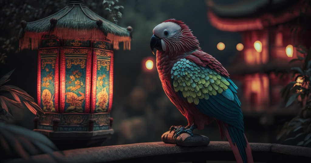 Китай, Праздник фонарей, попугай, площадь, водоем